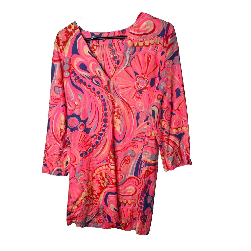 Lilly Pulitzer Tunic Dress Womens Size Small Neon Pink Green Blue Floral Linen